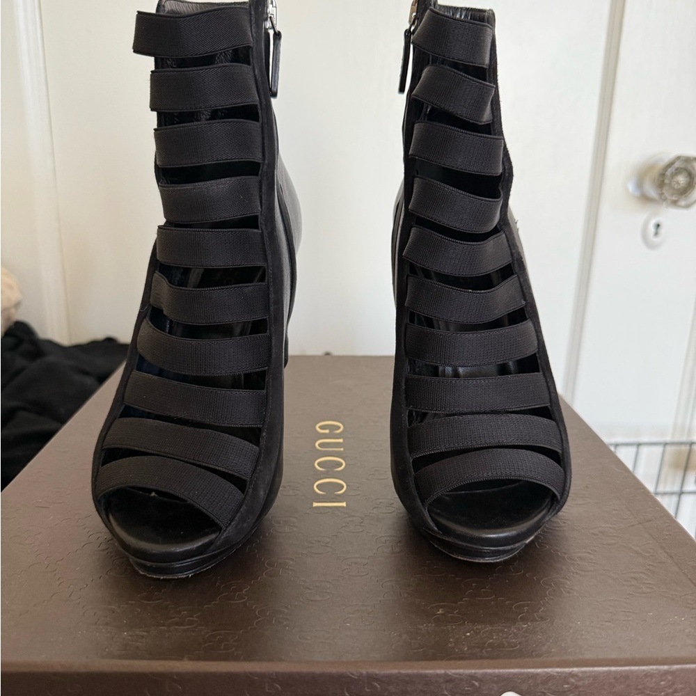 Gucci Black Strappy Heeled Boots
